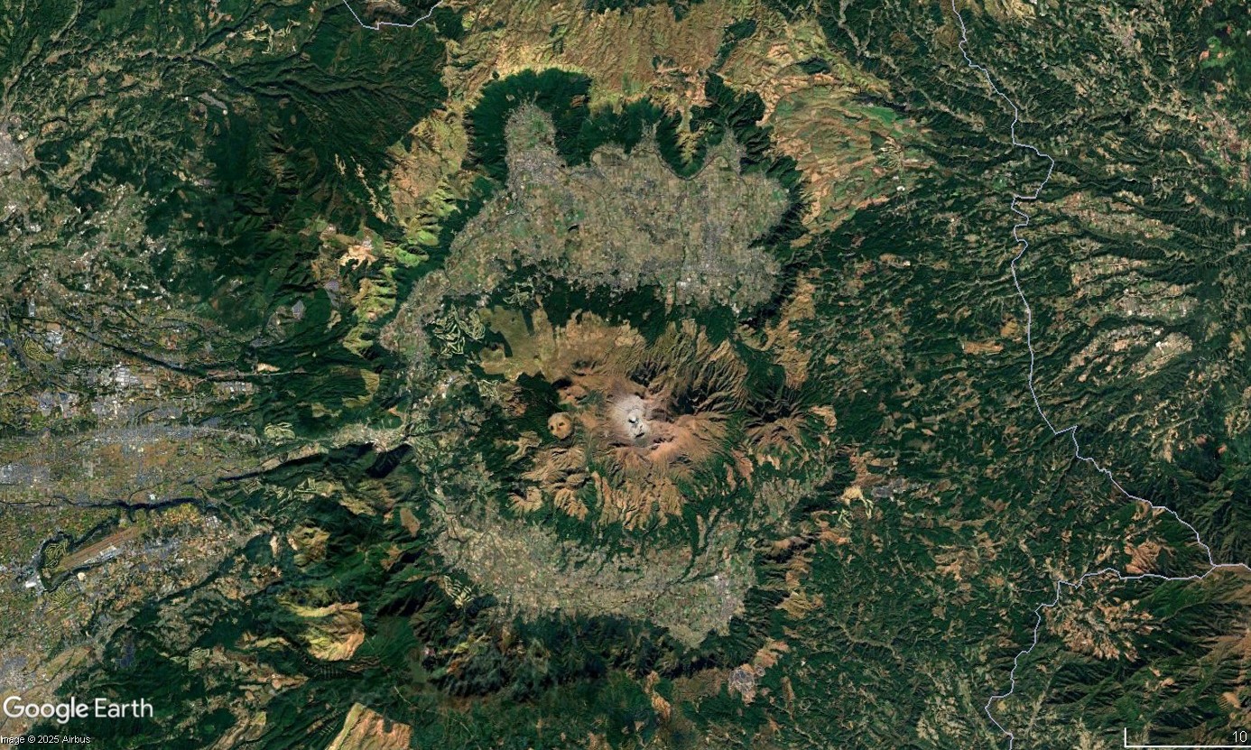 A Google Earth image reveals the concentric structure of the greater Aso crater, home to thousands of residents. The outer rim, known as 